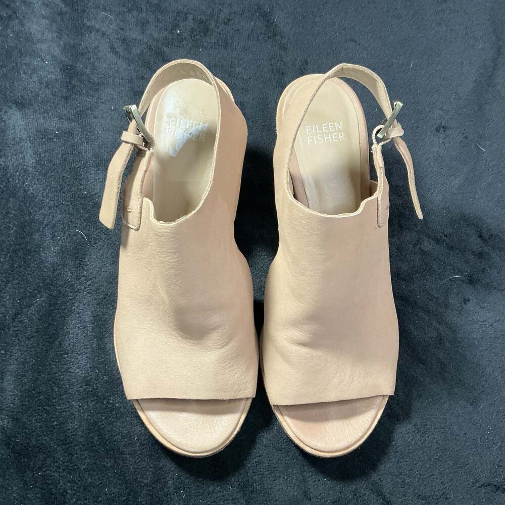 Eileen Fisher Nude Leather Slingback Peep Toe Block Heel Sandals Size 6.5